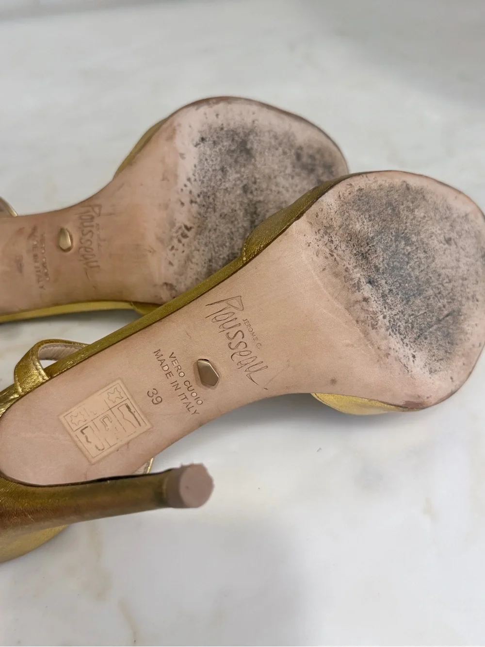 Jerome C. Rousseau gold leather peep-toe sandals